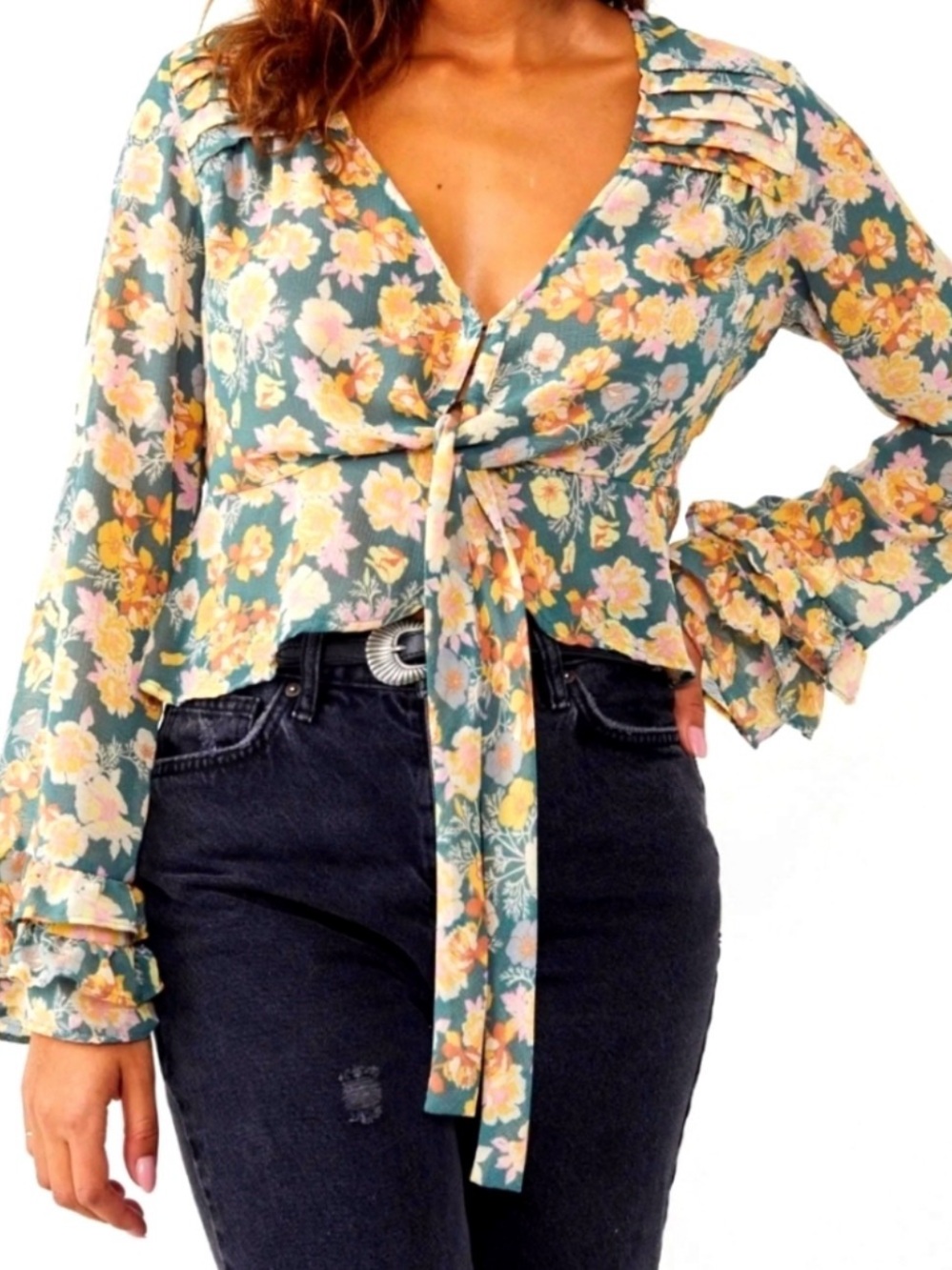 Free People NWOT Floral Tie-Front Women’s Top in Green and Yellow